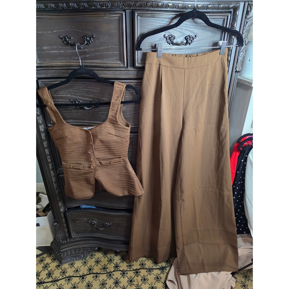 Chicways Brown 2 Piece Set Bandage Vest Peplum Top and Wide Leg Pants Small